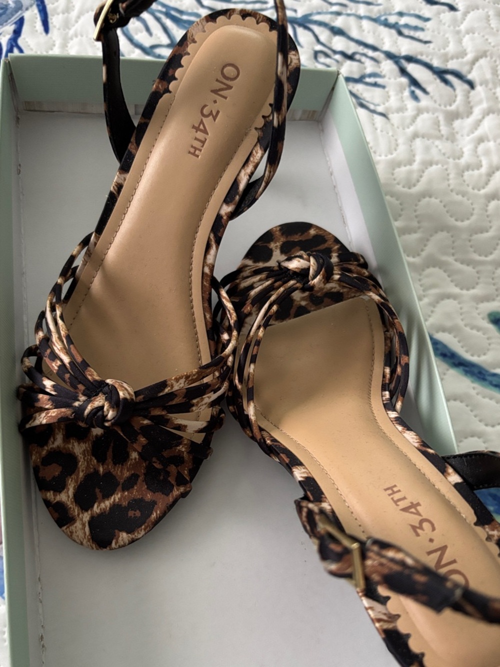 ON 34TH Leopard Print Knot Front Heeled Sandals - Brown/Black